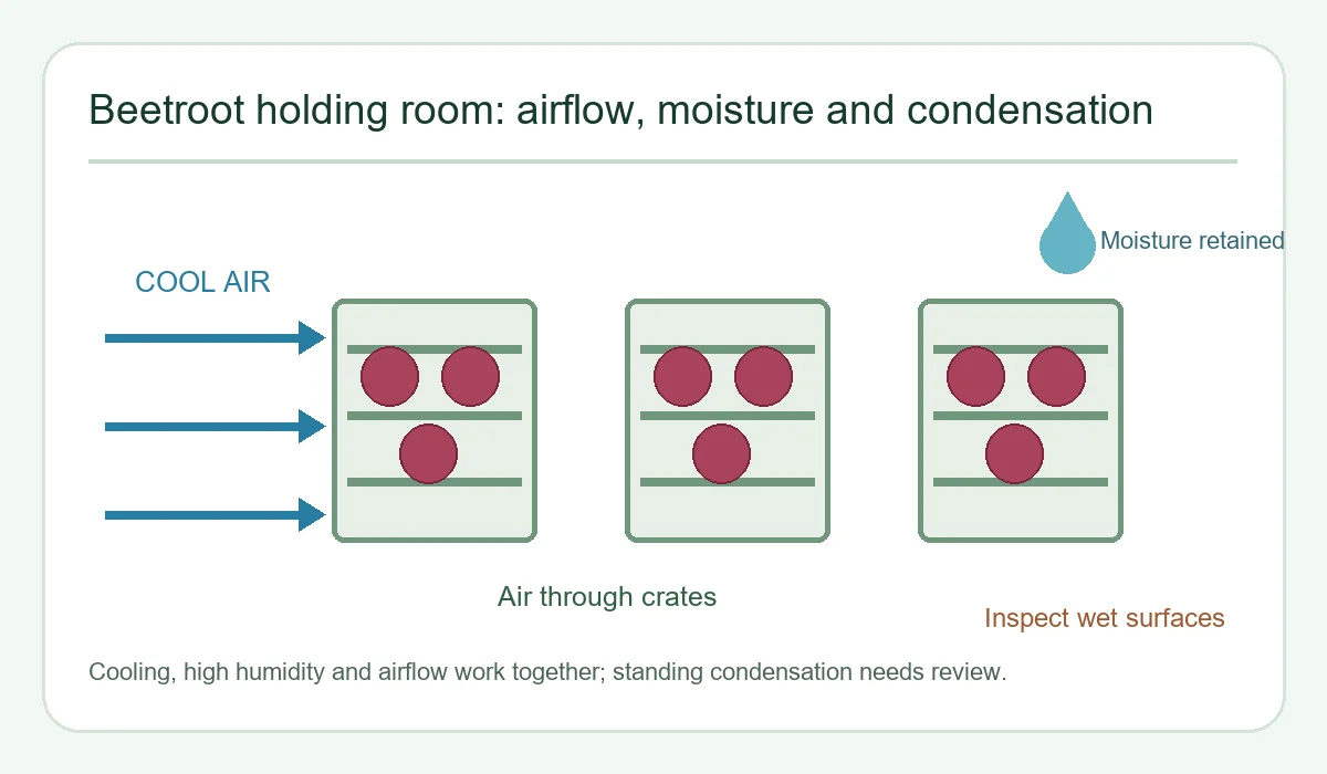 Diagram of cool air moving through ventilated beet crates while moisture and condensation are monitored.