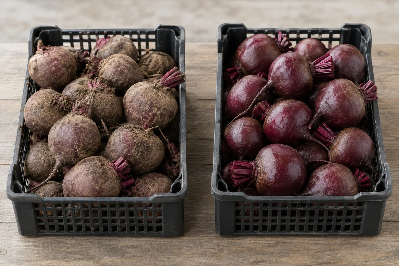 Soil-dusted beets and clean surface-dried beets held in separate crates.