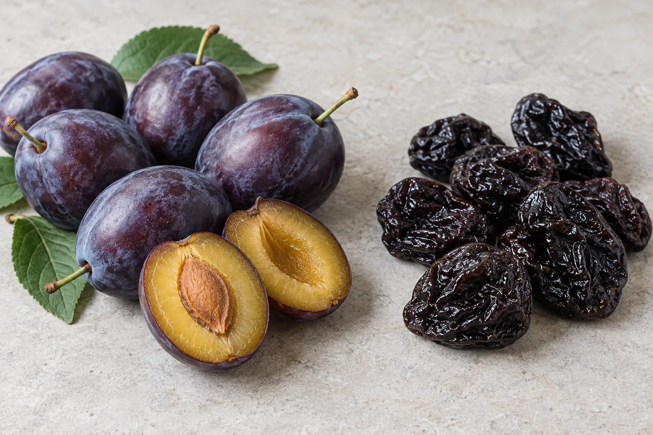Fresh oval prune-type plums beside dried prunes.