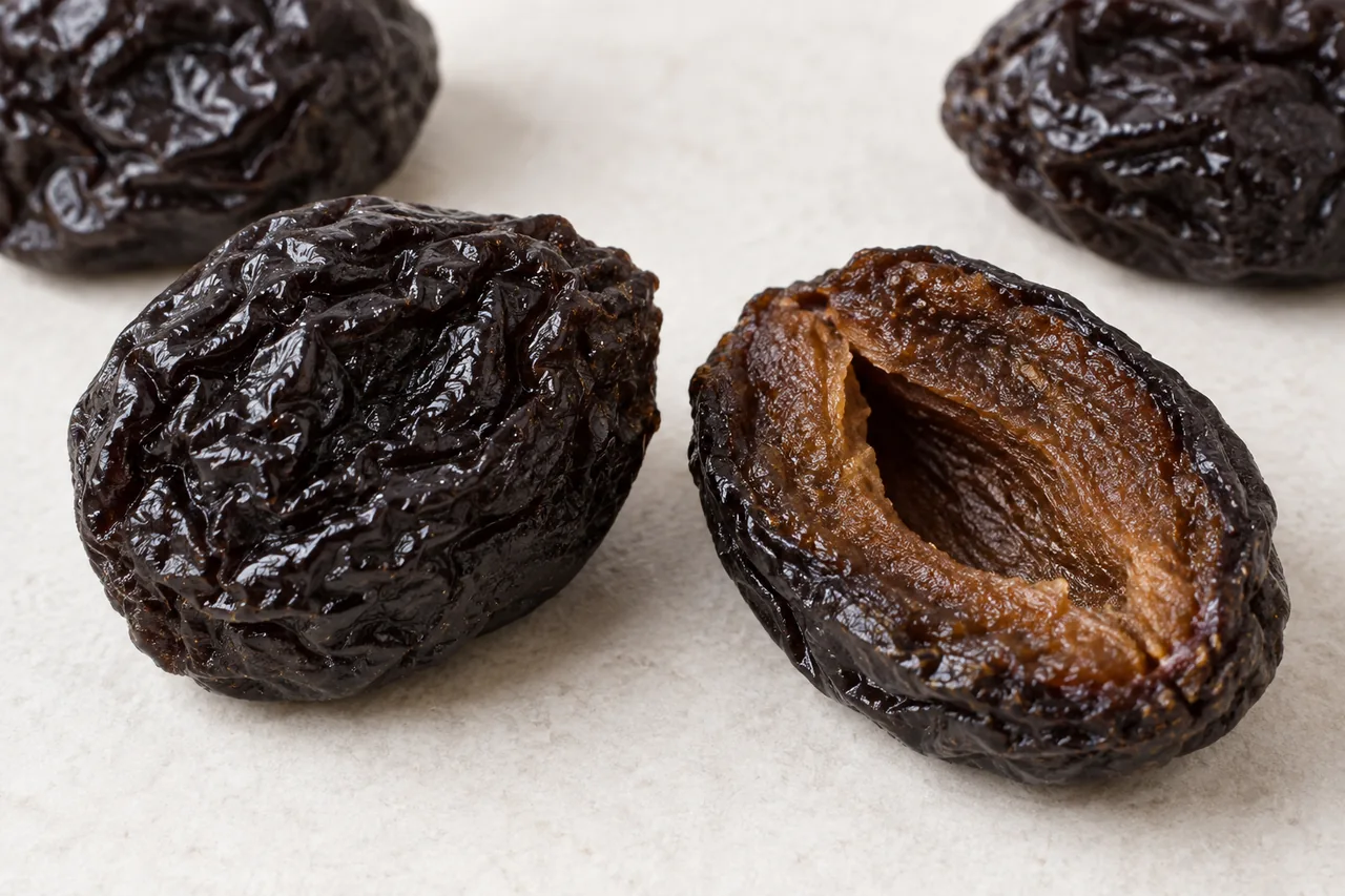 Whole and opened dried prunes showing skin, flesh and pit cavity.