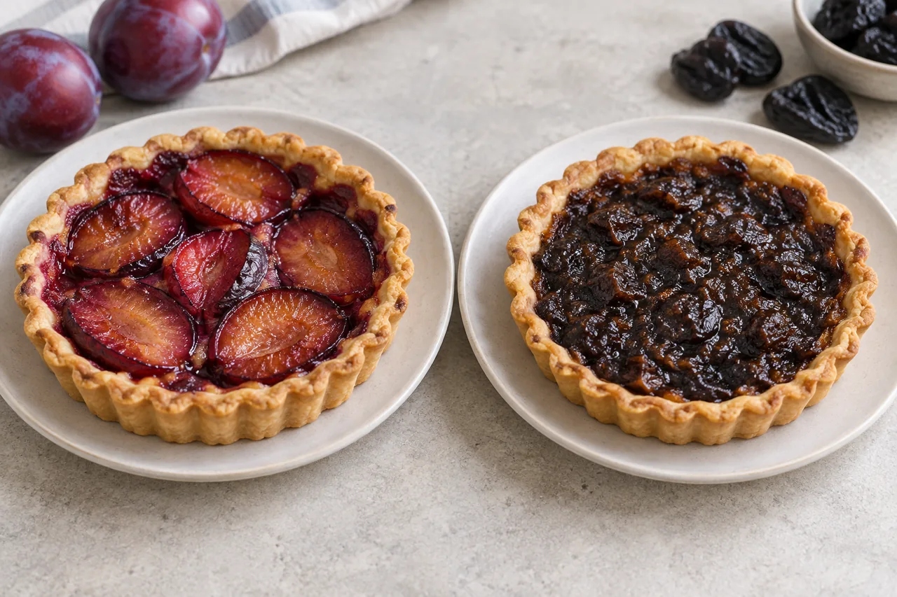 Two small tarts compare visible plum halves with a denser dried-prune filling.