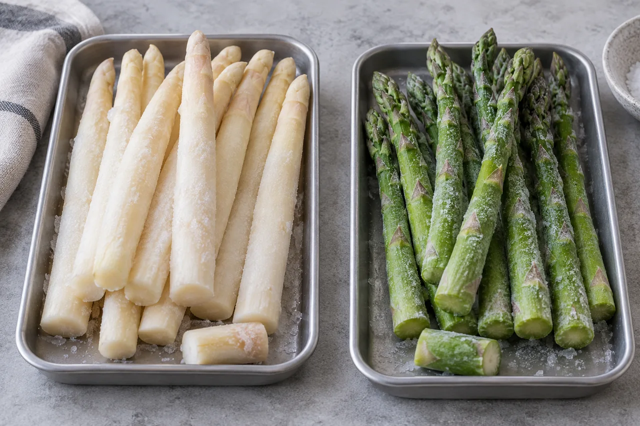 Frozen white and green asparagus spears shown in separate trays.