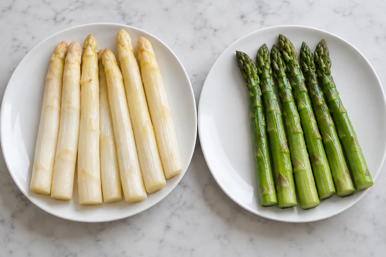 Cooked white and green asparagus portions prepared for comparison.