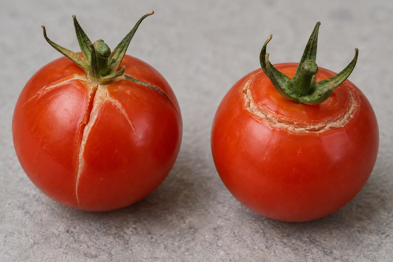 Fresh tomatoes with a radial growth crack and a concentric shoulder crack.