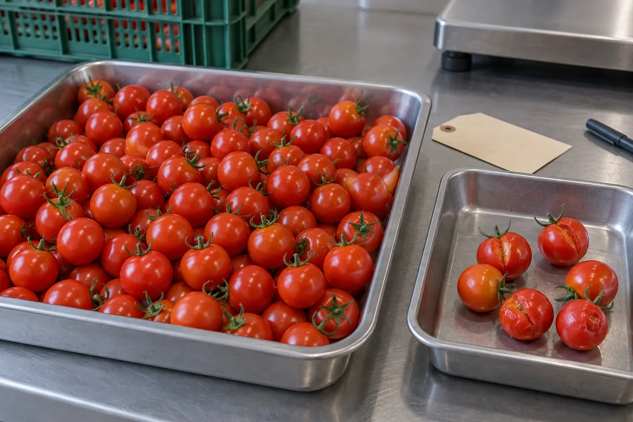 Intact and visibly cracked raw cherry tomatoes separated in receiving trays.