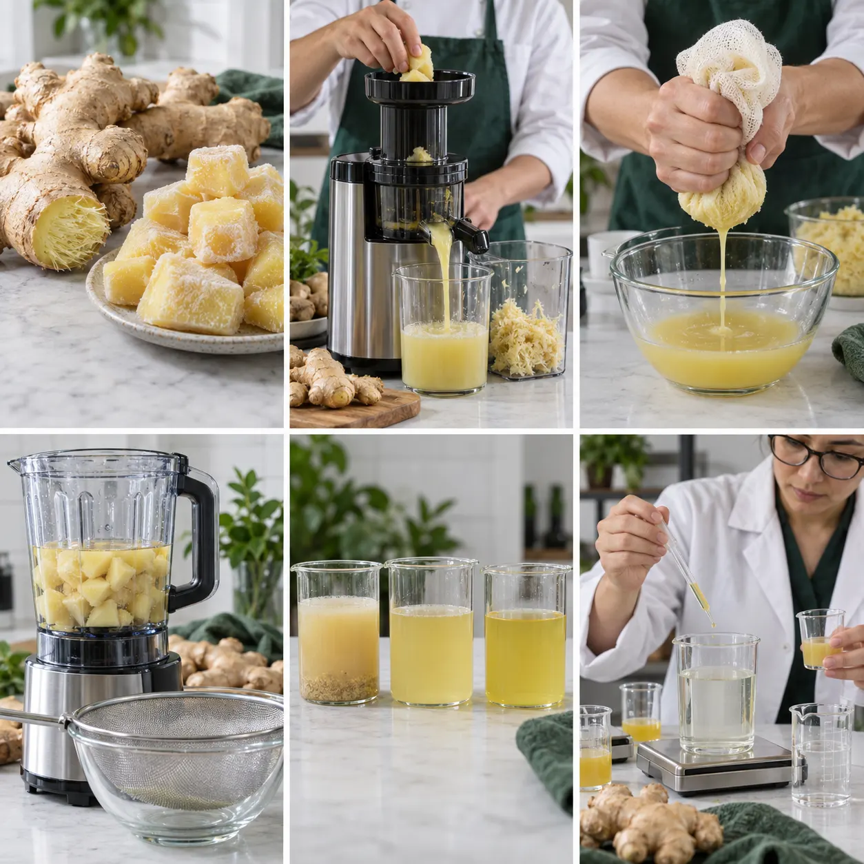 Six distinct stages of ginger preparation, pressing, filtering and dilution