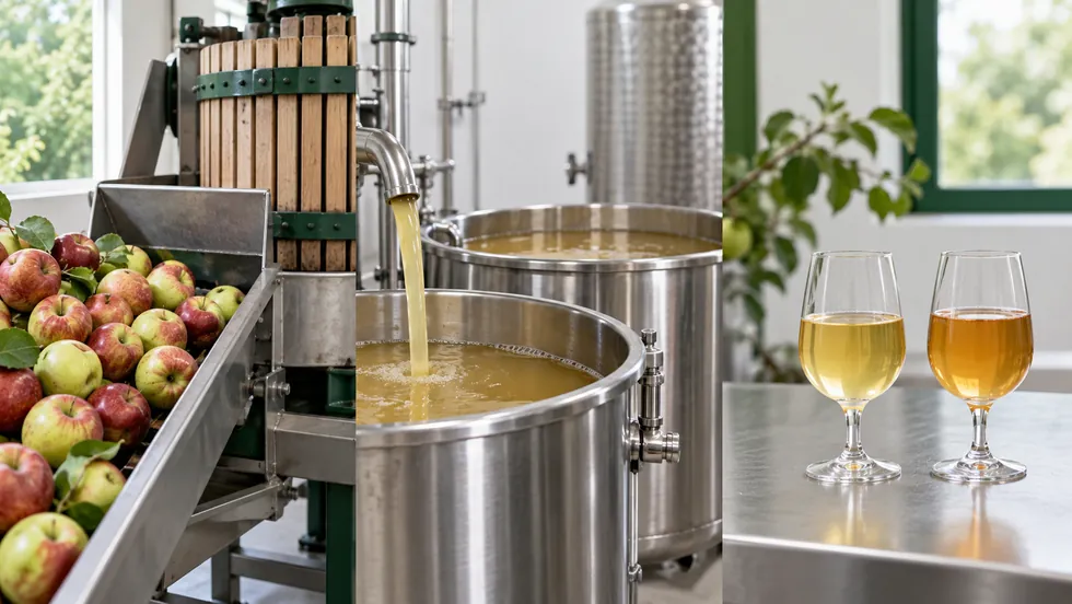 Apple fruit, juice and cider stages in a processing concept