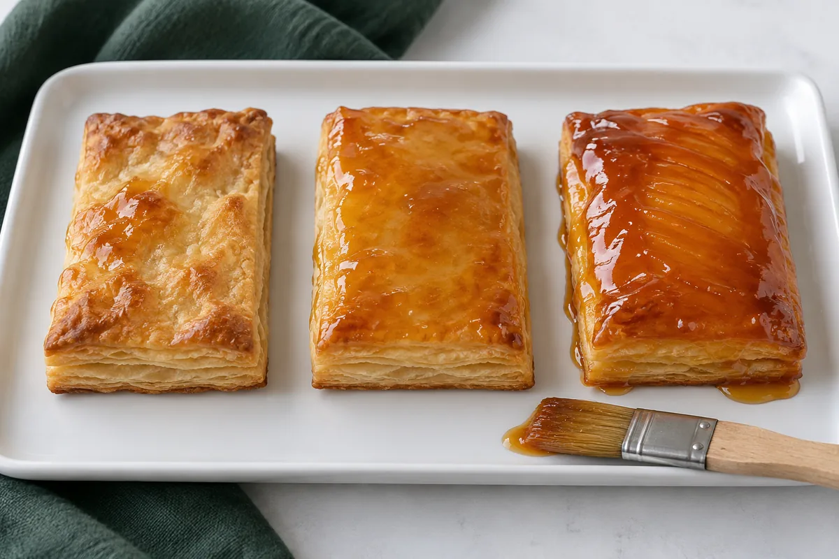 Three pastries show patchy, even and overly heavy apricot glaze coatings