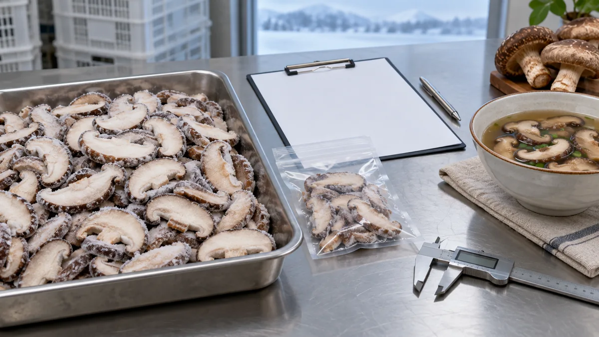 IQF sliced shiitake sample beside a blank buyer sheet and finished soup