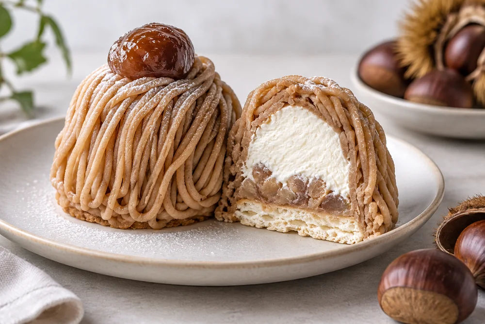 Mont Blanc pastry with piped chestnut strands, cream and meringue Mont Blanc pastry with piped chestnut strands, cream and meringue