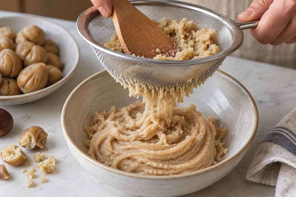 Cooked peeled chestnuts pressed through a fine sieve