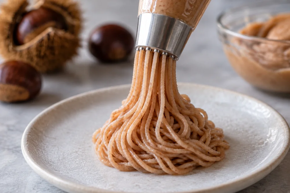 Chestnut cream extruded in fine strands from a Mont Blanc piping tip