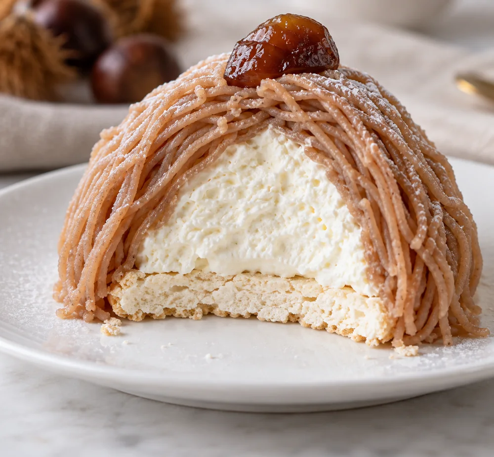 Cut Mont Blanc pastry showing meringue, cream and chestnut strands