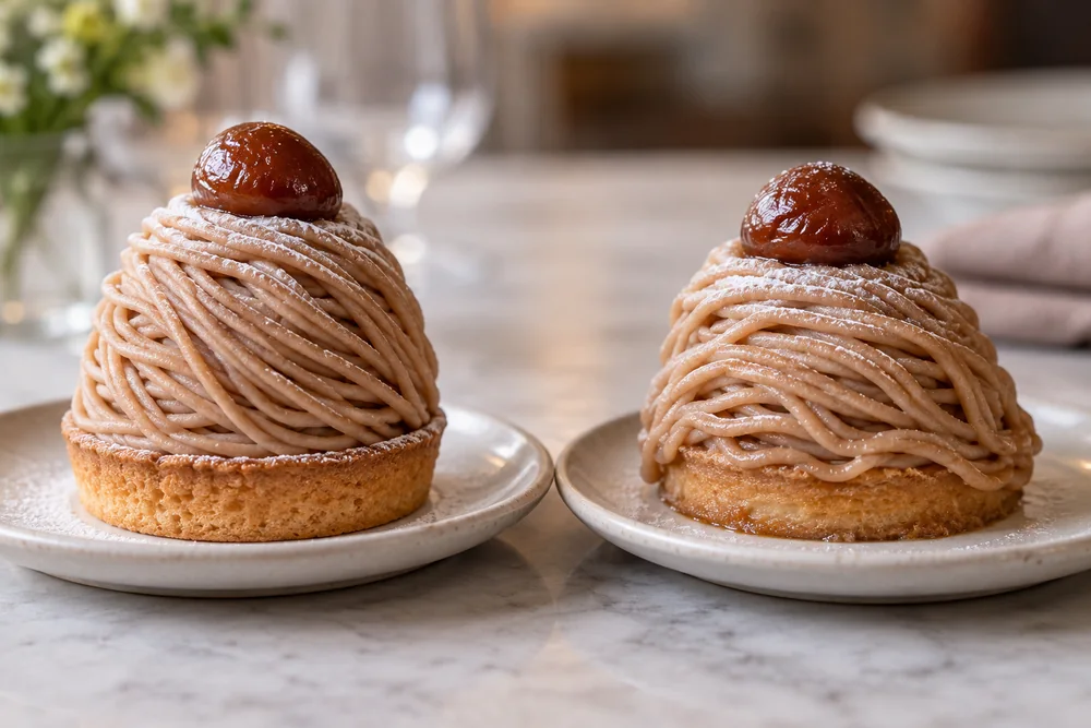 Mont Blanc pastries showing retained and slumped chestnut strands