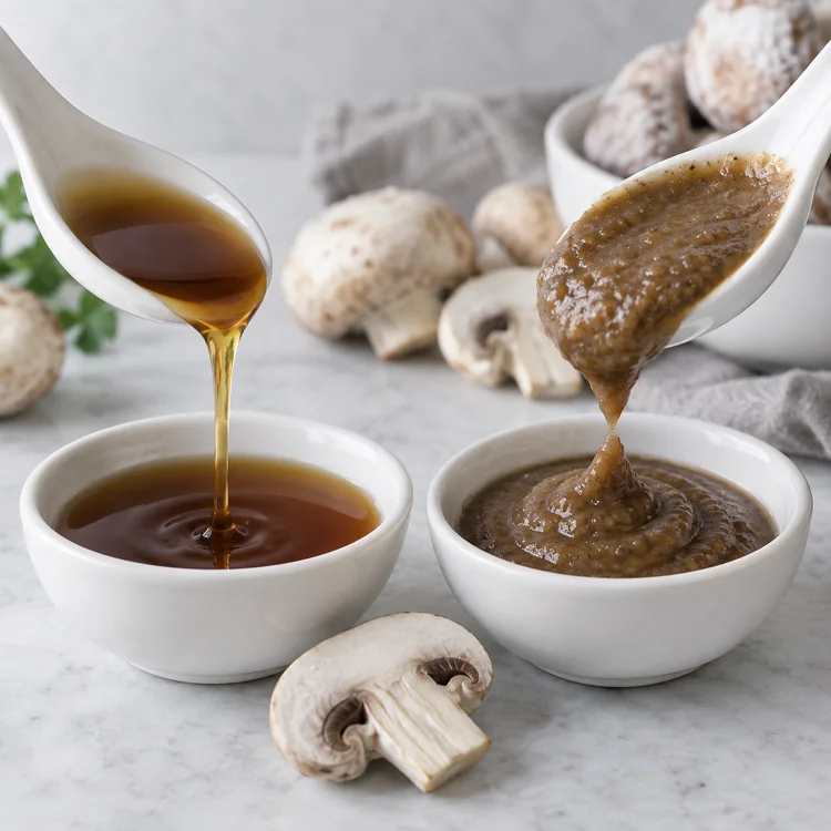 Thin mushroom essence and thick mushroom ketchup on spoons