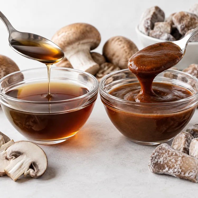 Clear mushroom essence compared with thick opaque mushroom sauce