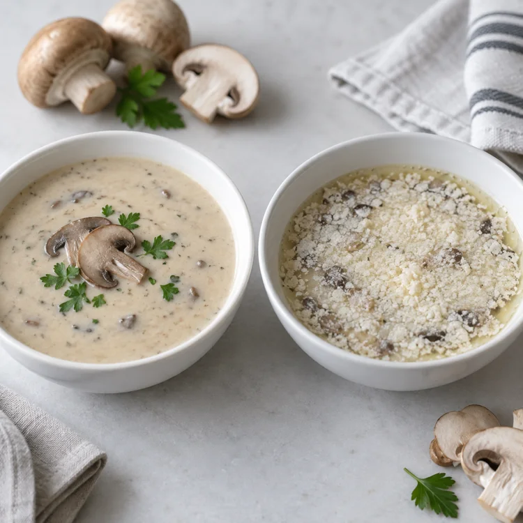 Smooth cream mushroom soup beside a separated dairy soup sample