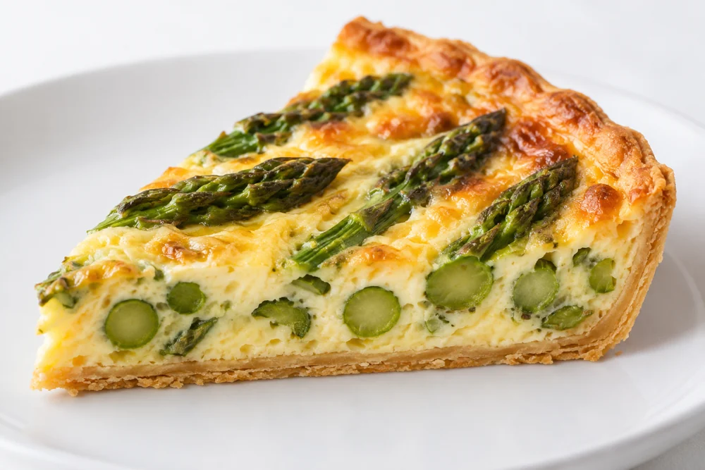 A cut slice exposes the pastry base, custard and asparagus distribution A cut slice exposes the pastry base, custard and asparagus distribution