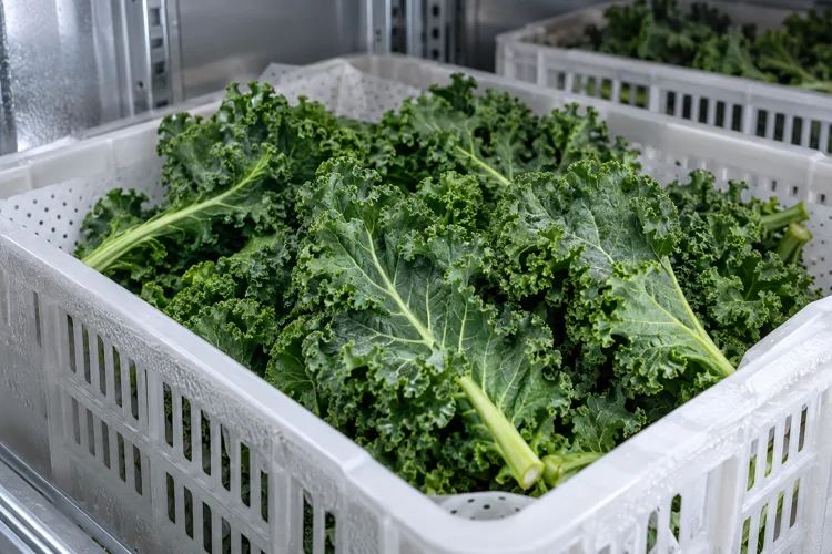 Kale protected by a ventilated liner inside a produce crate