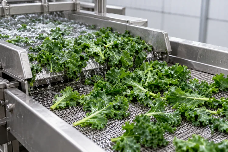 Washed kale draining on a mesh conveyor beside a rinse trough