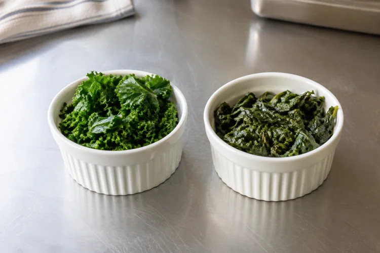 Two small portions of cooked kale compared on a kitchen bench