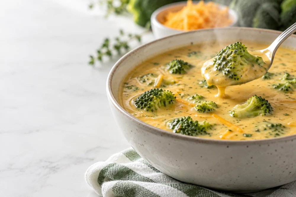 A bowl of broccoli cheddar soup with distinct green florets and a smooth cheese base A bowl of broccoli cheddar soup with distinct green florets and a smooth cheese base