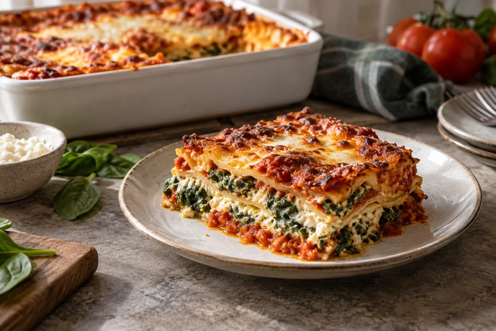 A cut slice makes the spinach distribution and pasta layers visible