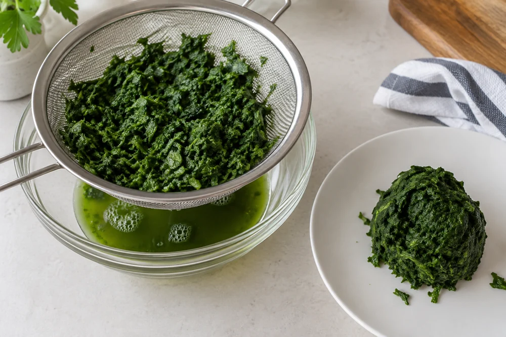 Separate the prepared spinach from released liquid before recording its mass