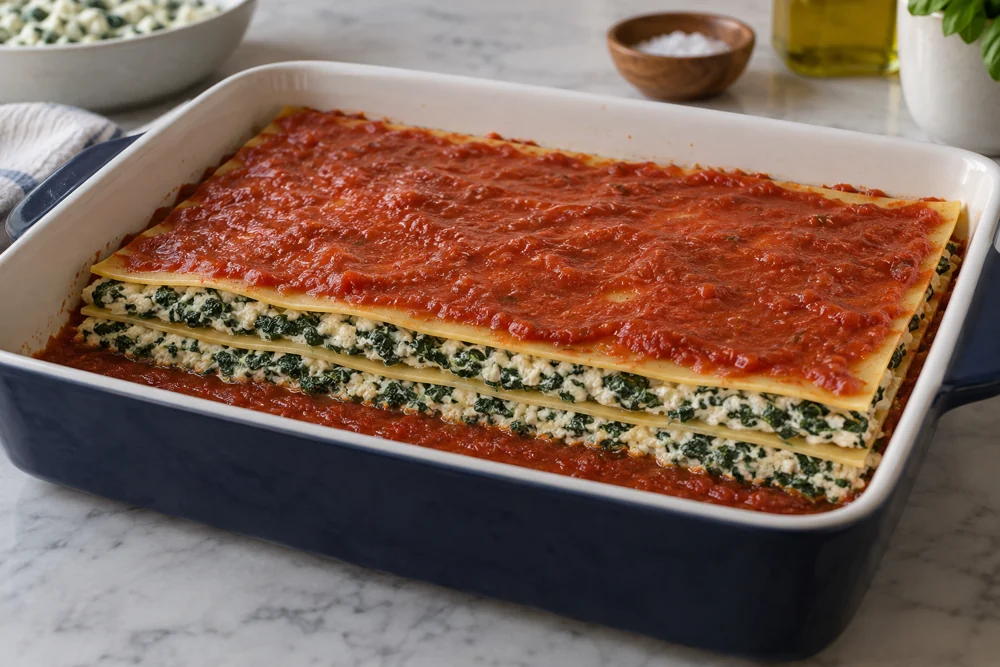 An illustrative cutaway shows even filling layers and sauce contact around the sheets