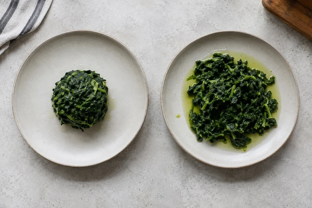 Compact drained spinach and a wetter loose portion present different filling conditions