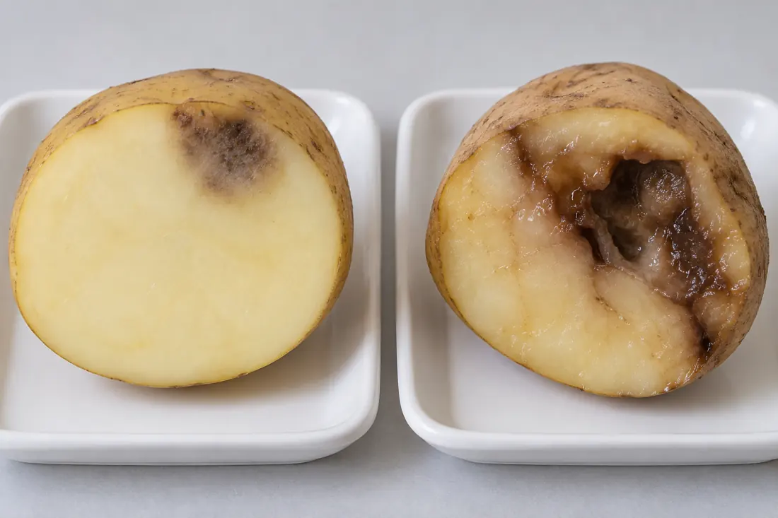 Firm dark patch compared with wet collapsed potato tissue