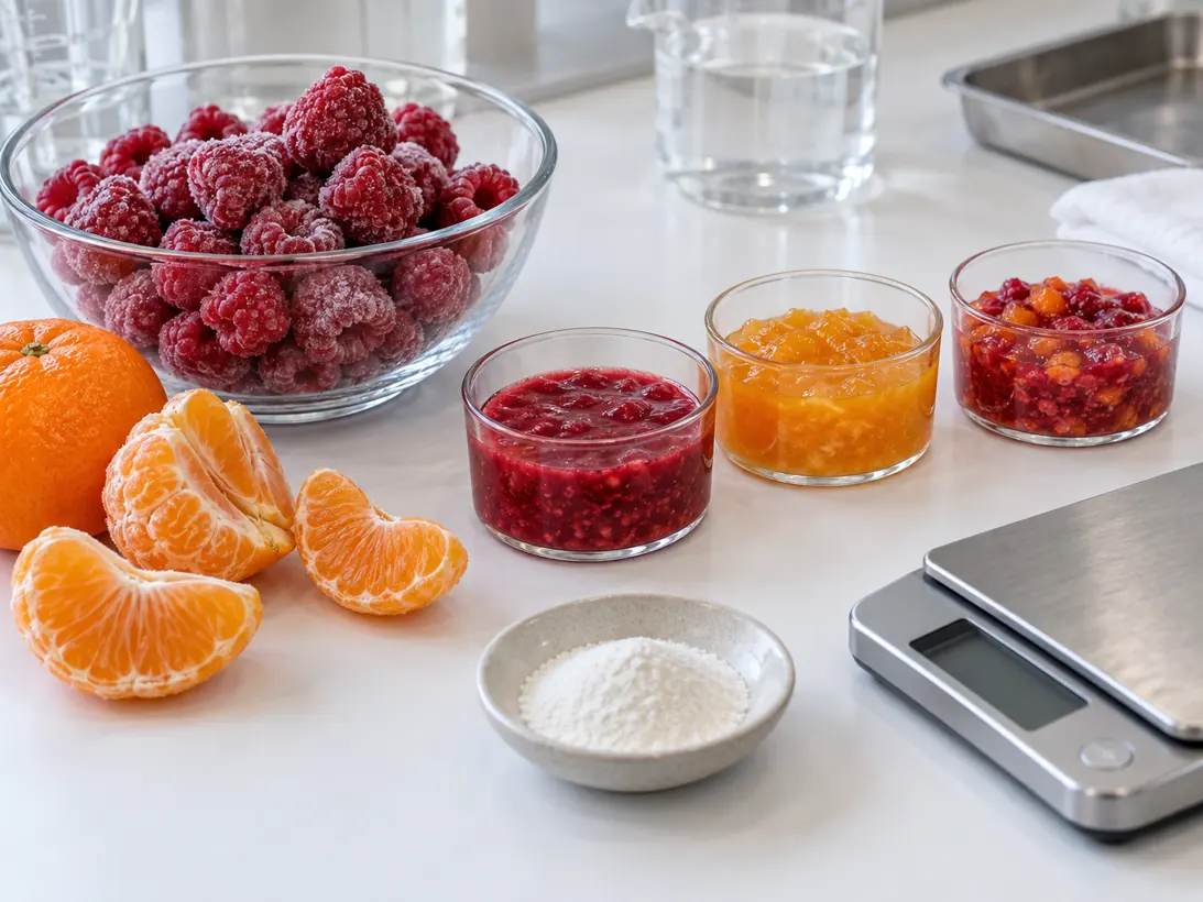 Fruit inputs and samples arranged for pectin formulation Frozen raspberries and mandarin with fruit preparation samples and pectin powder