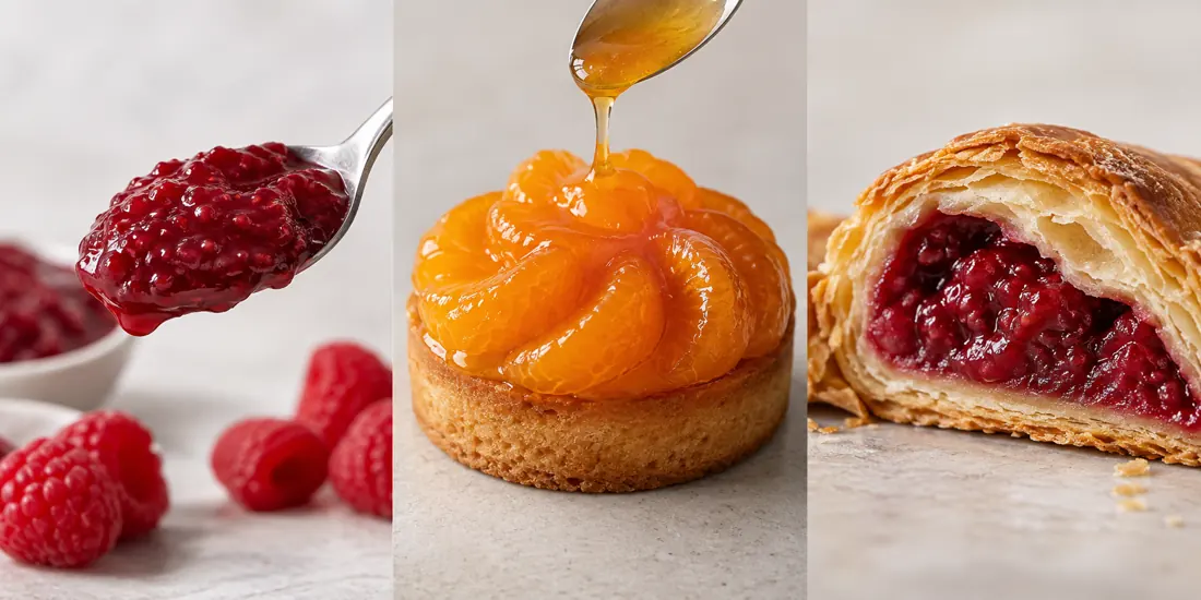 Raspberry spread, post-bake mandarin layer and baked fruit filling