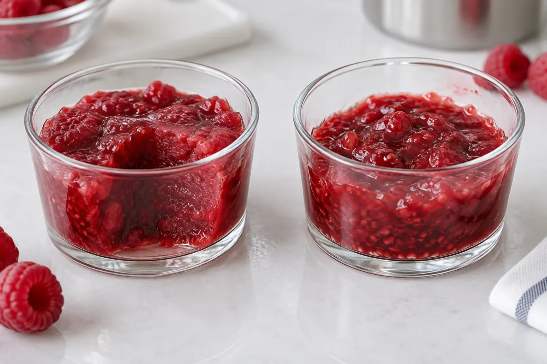 Two cups of raspberry preparation with contrasting gel textures