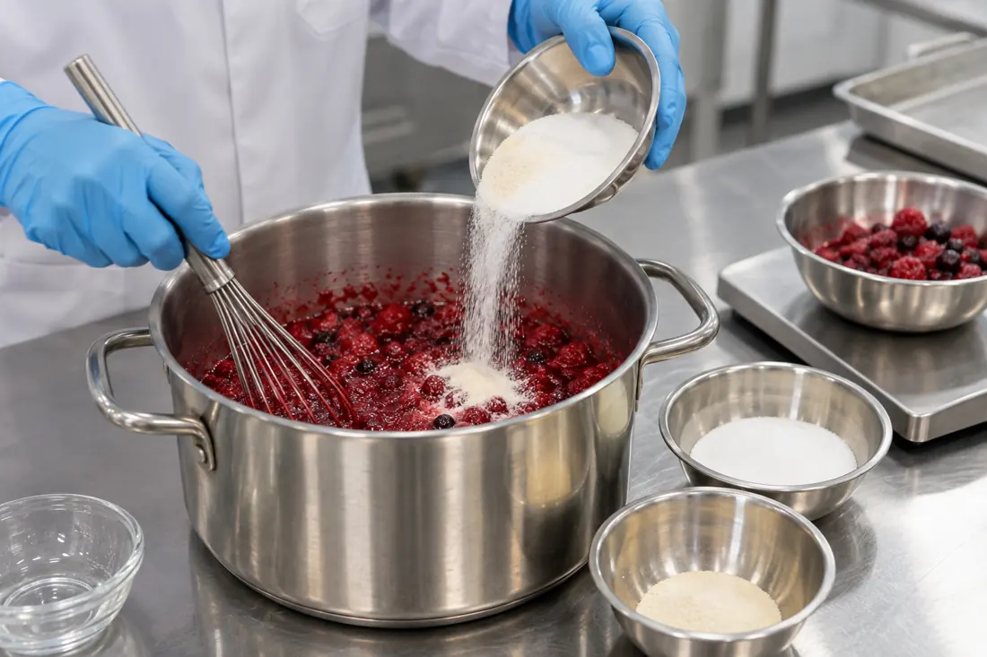 Dry pectin sugar premix added while a berry kettle is stirred