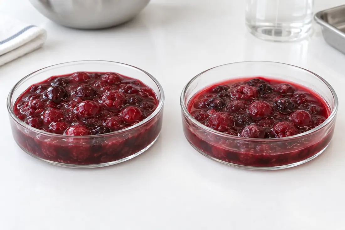 Two fruit preparation dishes showing retained structure and serum release
