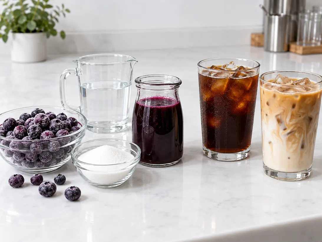 Blueberry syrup development inputs and coffee drinks Frozen blueberries and measured syrup ingredients beside iced coffee and latte