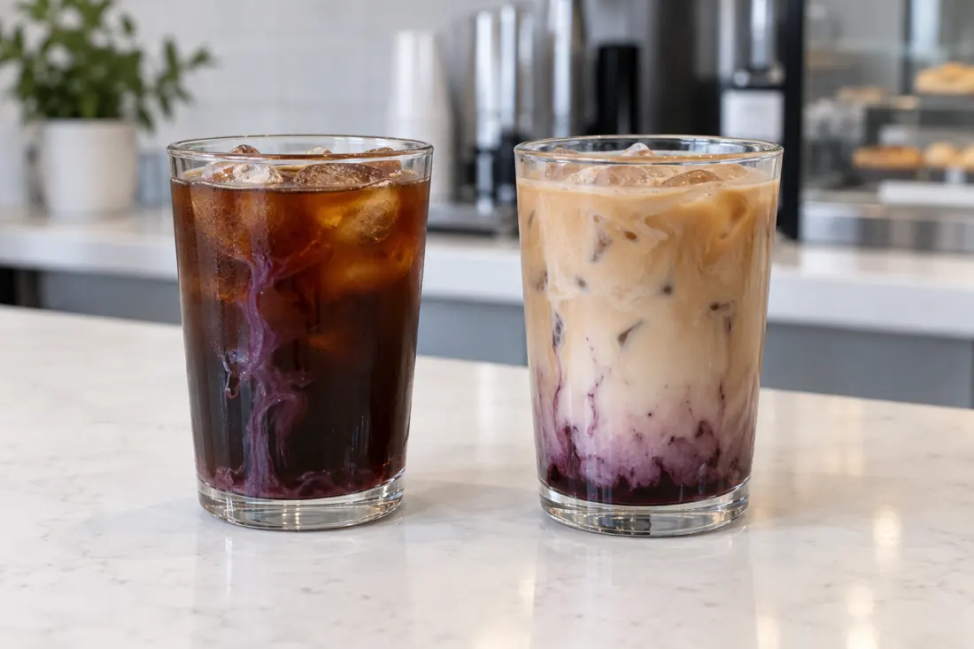 Black iced coffee and iced latte with blueberry syrup