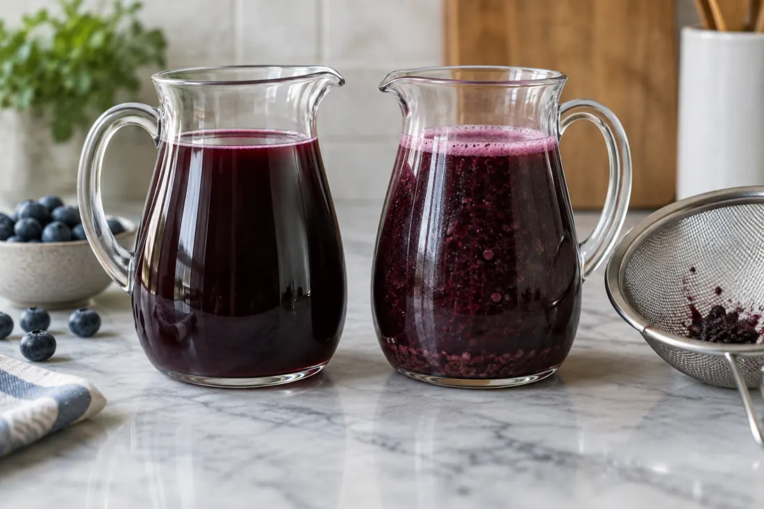 Clear and pulpy blueberry syrup fractions in separate pitchers