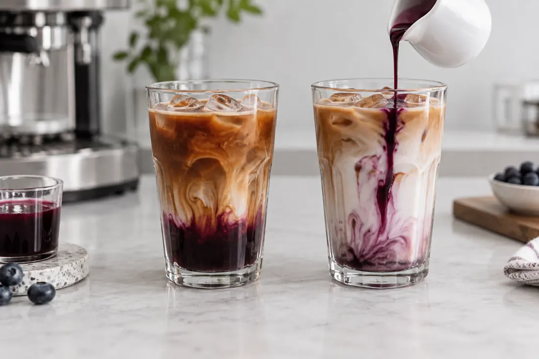 Two lattes at different blueberry syrup addition stages