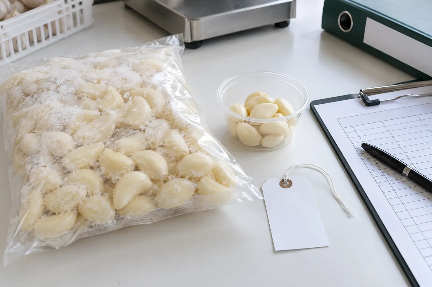 Frozen garlic pack, sample, blank lot tag and process sheet