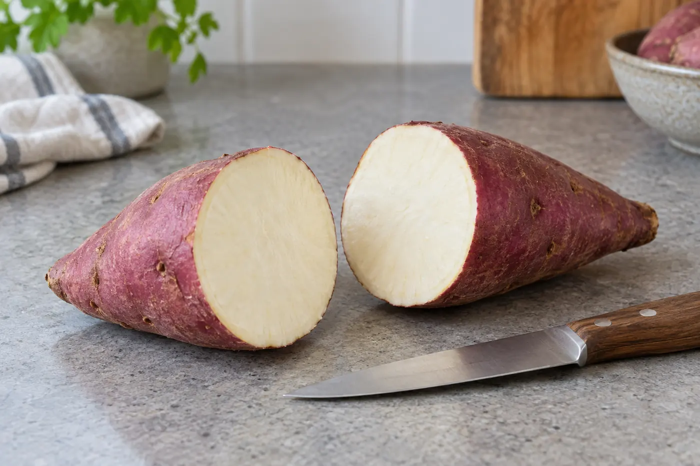 Evenly white-fleshed sweet potato cut in half