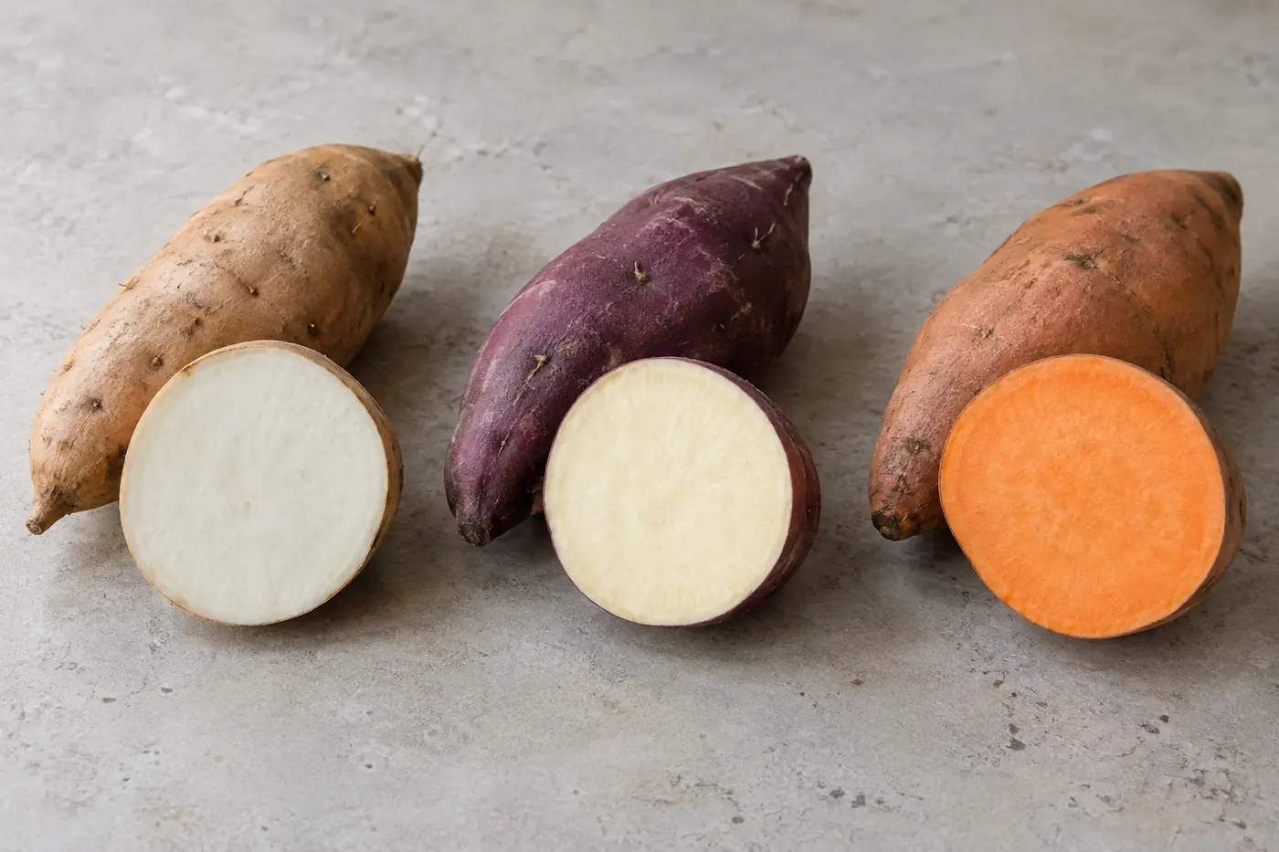 Three sweet potato roots with white cream and orange interiors
