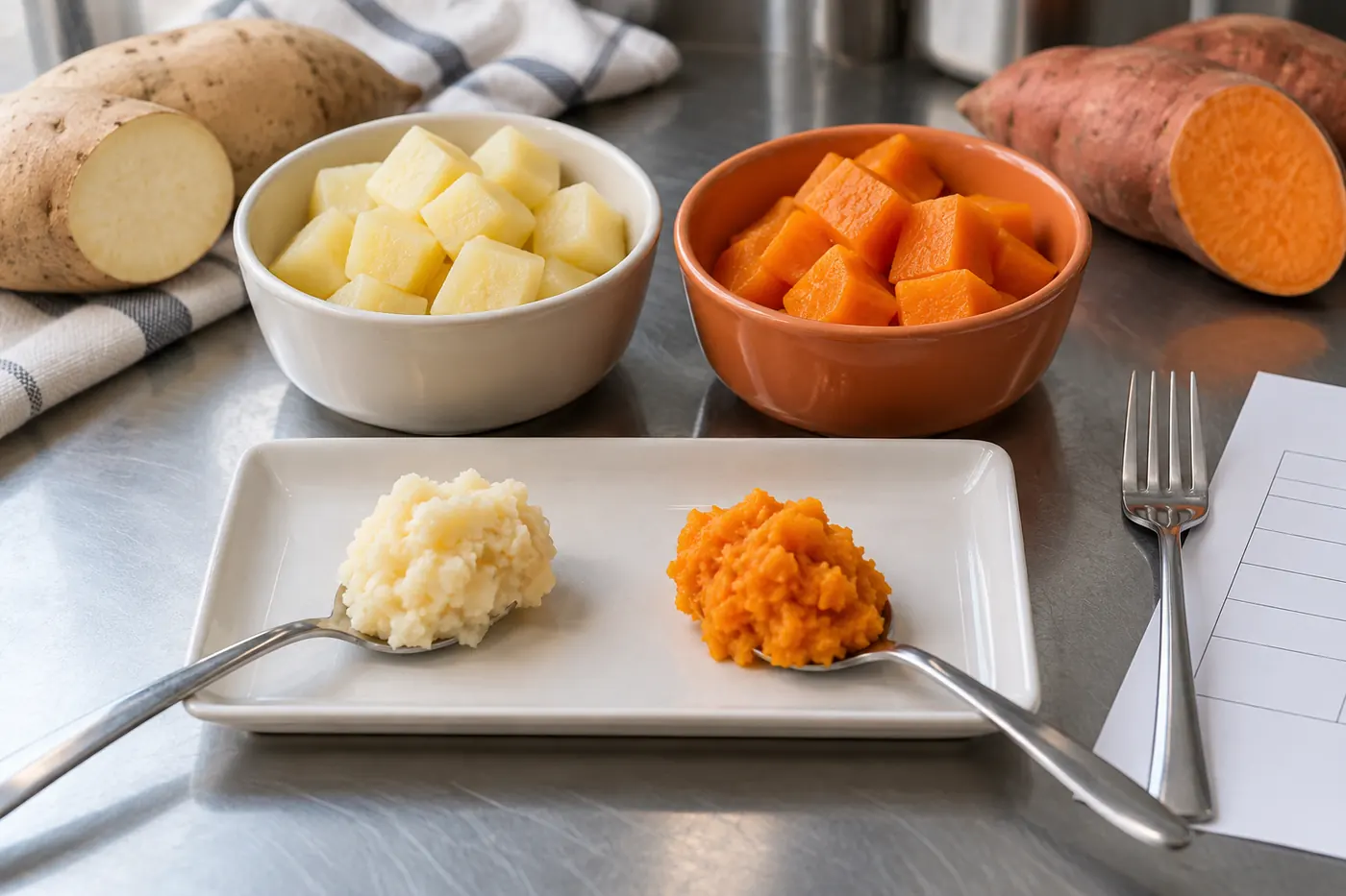 Cooked white and orange sweet potato cubes with mash samples