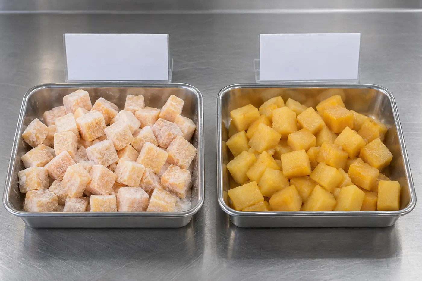 Frozen sweet potato cubes and cooked cubes in separate trays