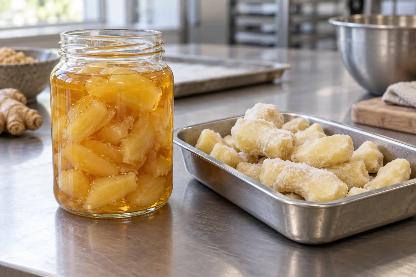 Jar of ginger pieces in syrup beside plain frozen ginger