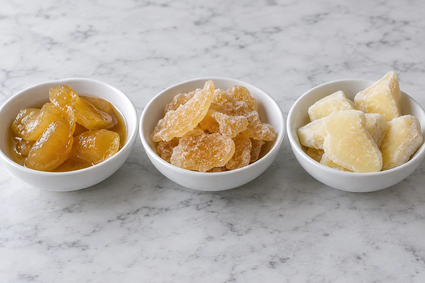 Three bowls of syrup-preserved crystallized and frozen ginger