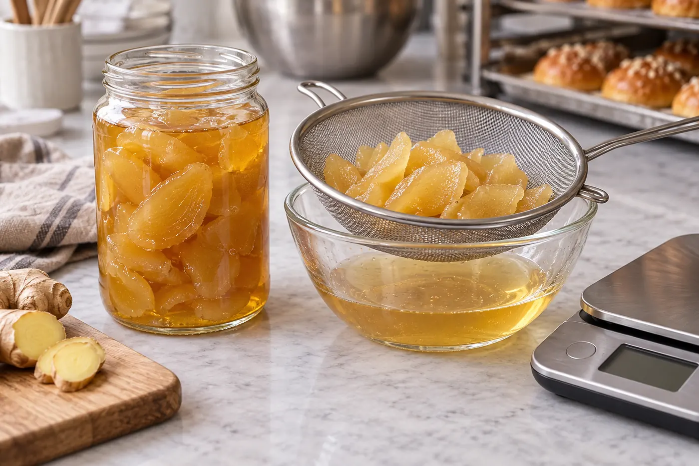 Ginger in syrup with drained pieces and separate syrup bowl
