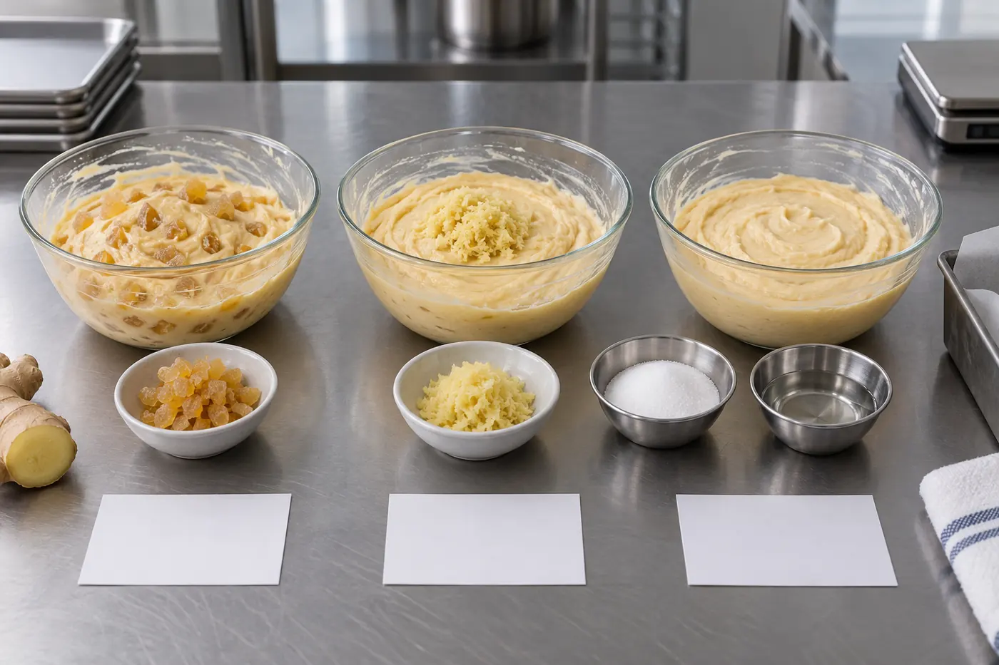 Three ginger cake batter bowls with separate ginger sugar and water