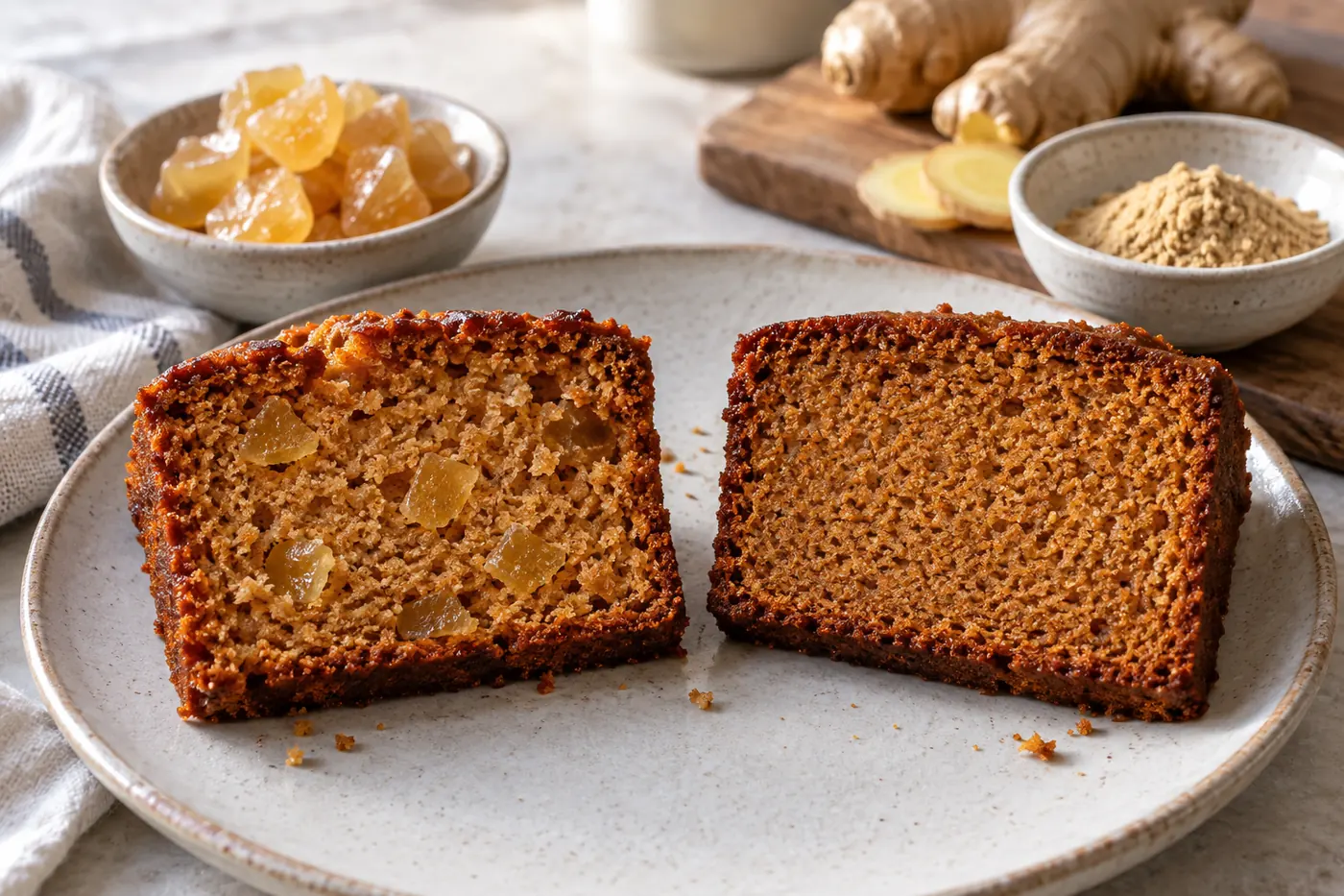 Cake slices with visible ginger inclusions and smooth ginger crumb